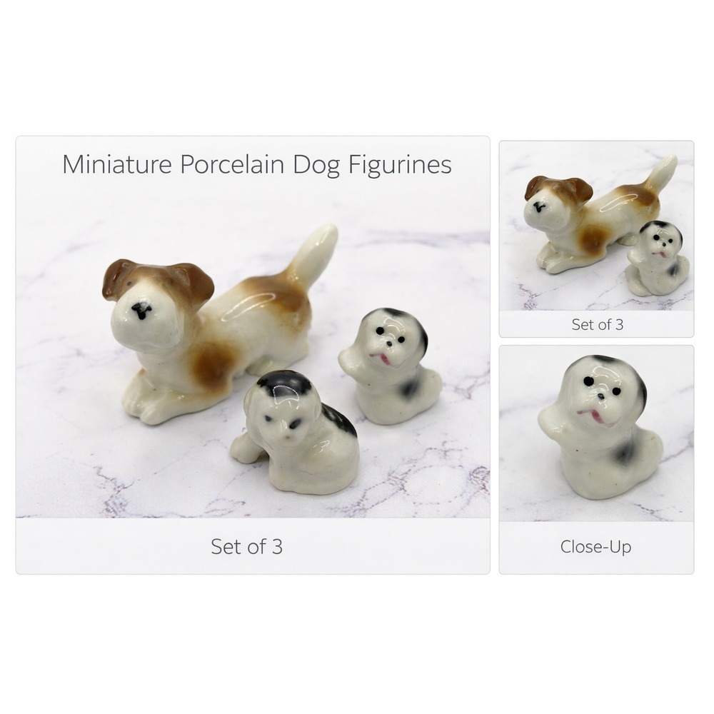 Vintage‎ Miniature Porcelain Dog Figurines Set of 3 Brown Black White Ceramic